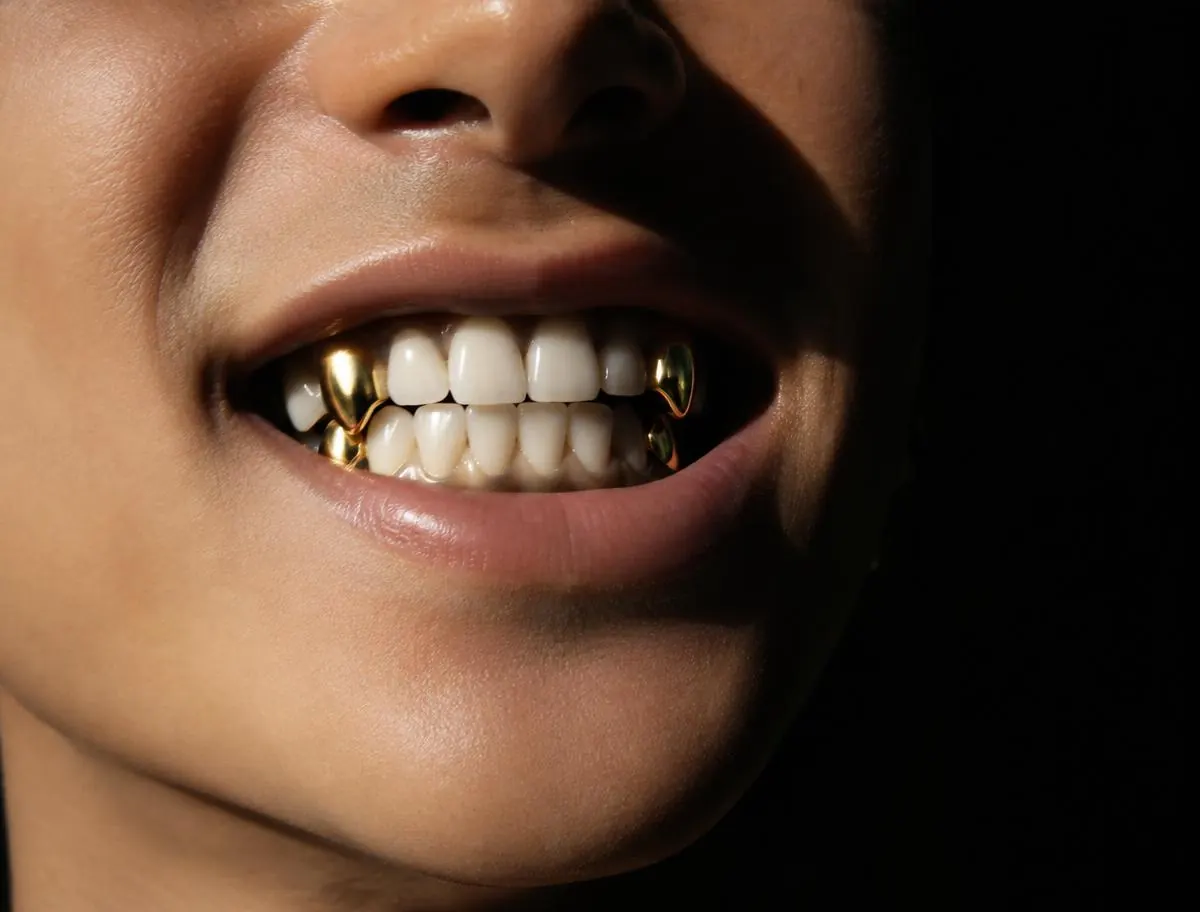 Smile with custom yellow-gold fang grillz on the canines
