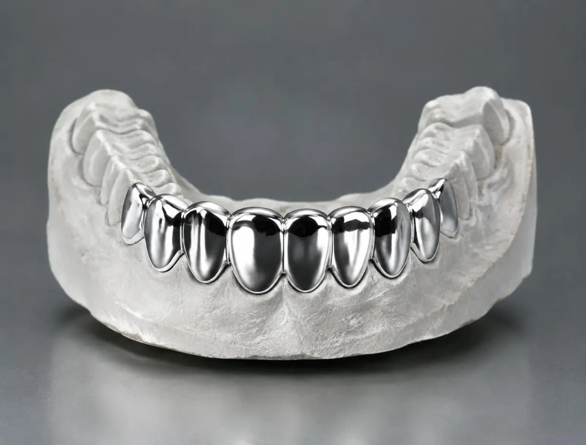 Polished solid 925 silver bottom grillz set fitted on a plaster teeth mould